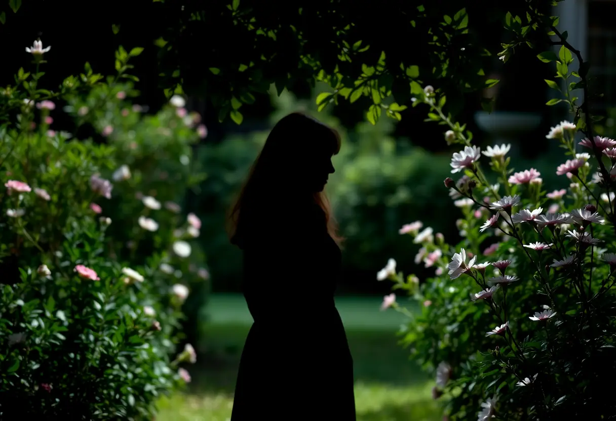 Silhouette d'une femme dans un jardin fleuri, lien avec la douleur périnéale