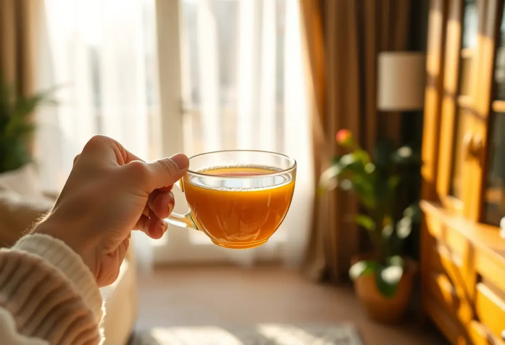 Une main tenant une tasse de thé chaud dans un salon accueillant, évoquant la douleur pré-ménopausique