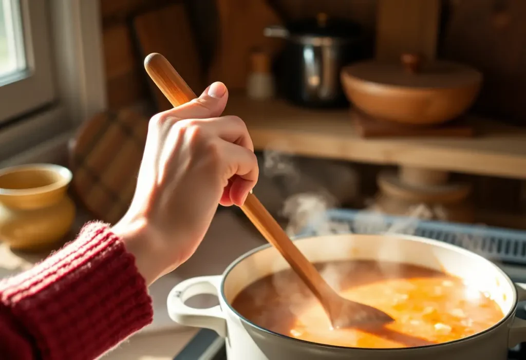 Une main féminine tenant une cuillère en bois au-dessus d'une marmite chaude, dans une cuisine accueillante, évoquant le bien-être et la pré-ménopause.