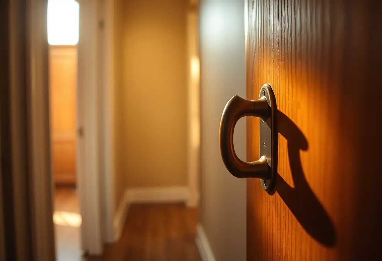 Poignée de porte en bois dans un couloir, éclairée par une lumière chaude, représentant la période de transition de la pré-ménopause.