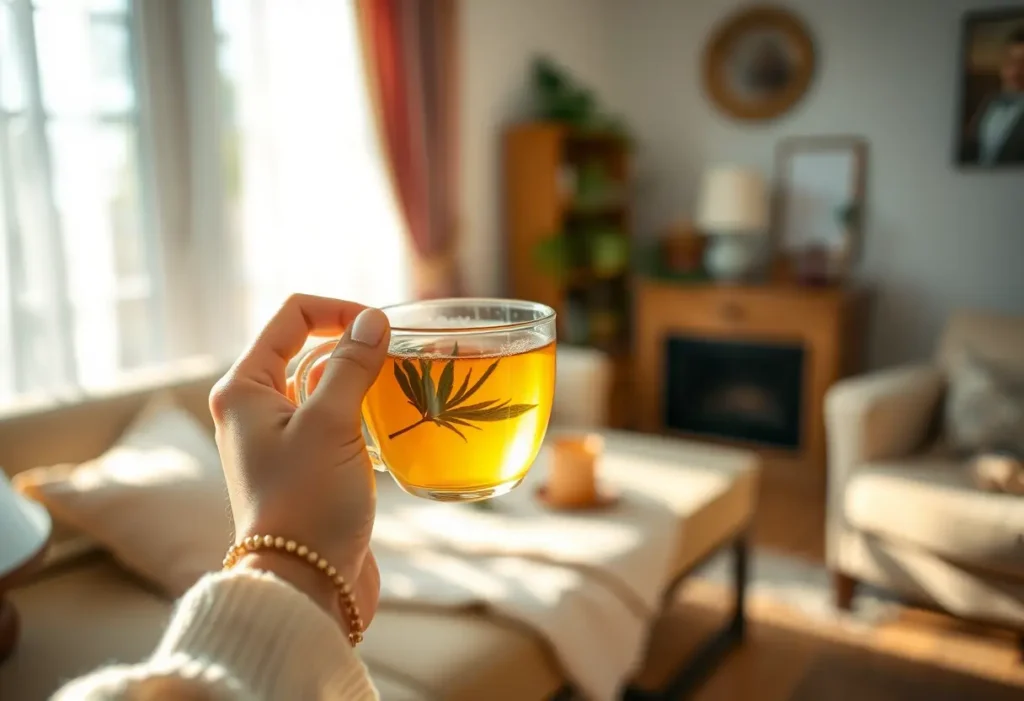 Une main féminine tenant une tasse de thé chaud dans un salon accueillant, éclairée par la lumière naturelle.