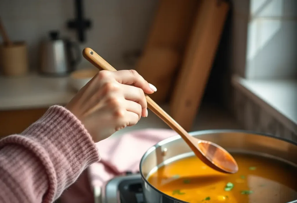 Une main féminine tient une cuillère en bois dans une cuisine accueillante, éclairée par une lumière naturelle chaleureuse