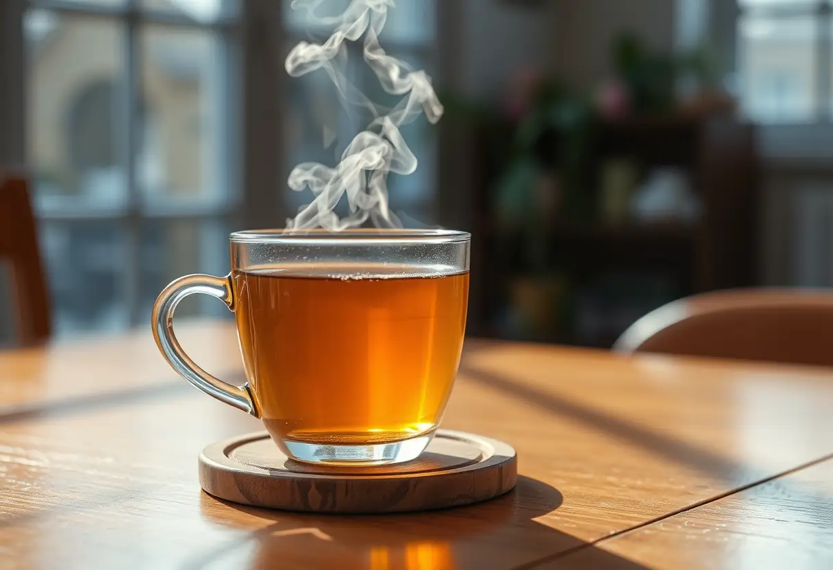 Une tasse remplie de thé aromatique fumant sur un coussin en bois, éclairée par la lumière du matin qui filtre par la fenêtre