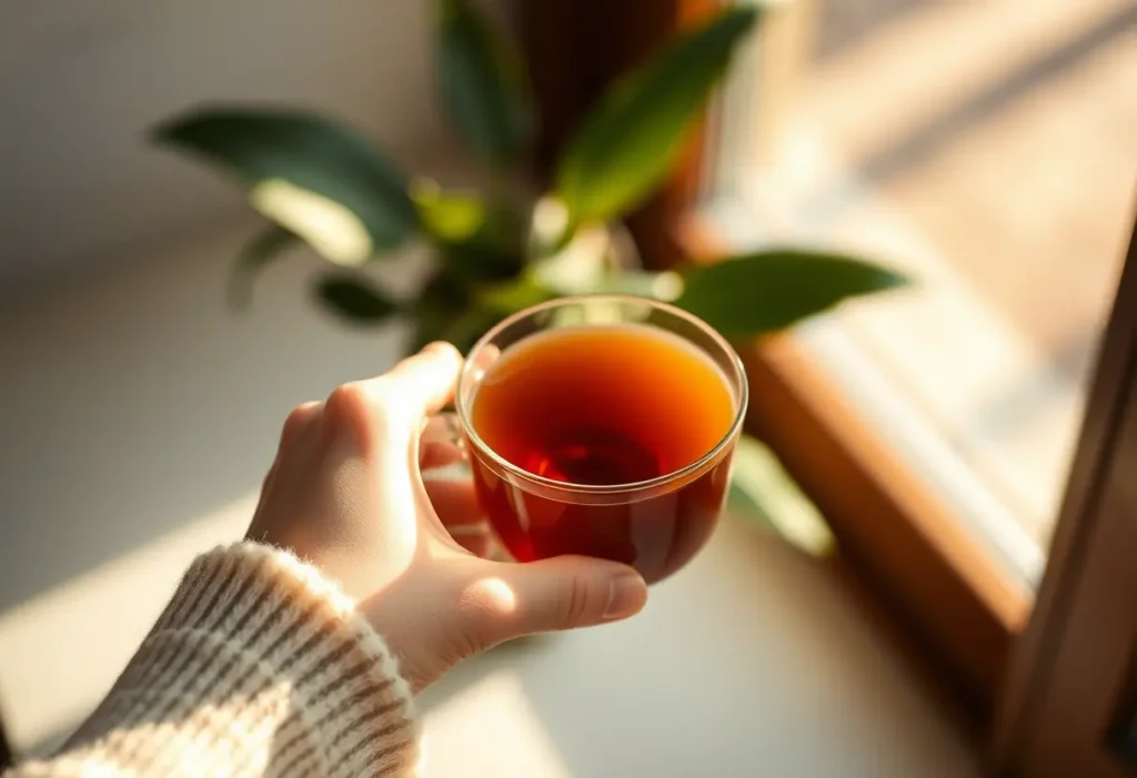 Une main tenant une tasse de thé chaud, lumière naturelle, bien-être féminin