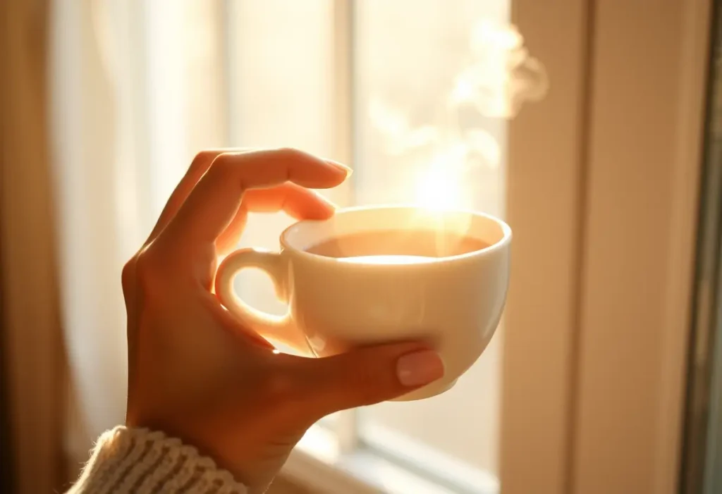 Une main tenant une tasse de thé chaud, symbolisant le réconfort et le bien-être.