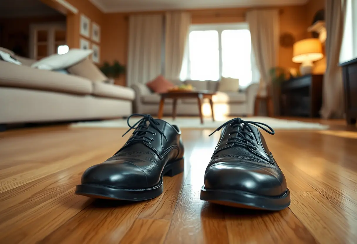 Des chaussures noires posées sur un plancher, reflétant la lumière d’une pièce accueillante, représentant la stabilité et le confort.