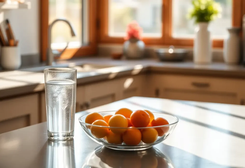 Un plan de travail de cuisine avec un verre d'eau et un bol de fruits frais