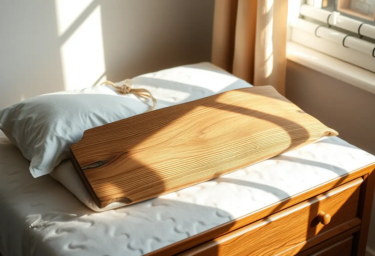 Un peigne en bois repose sur un couvert de lit en coton blanc posé sur une commode éclairée par la lumière du matin.
