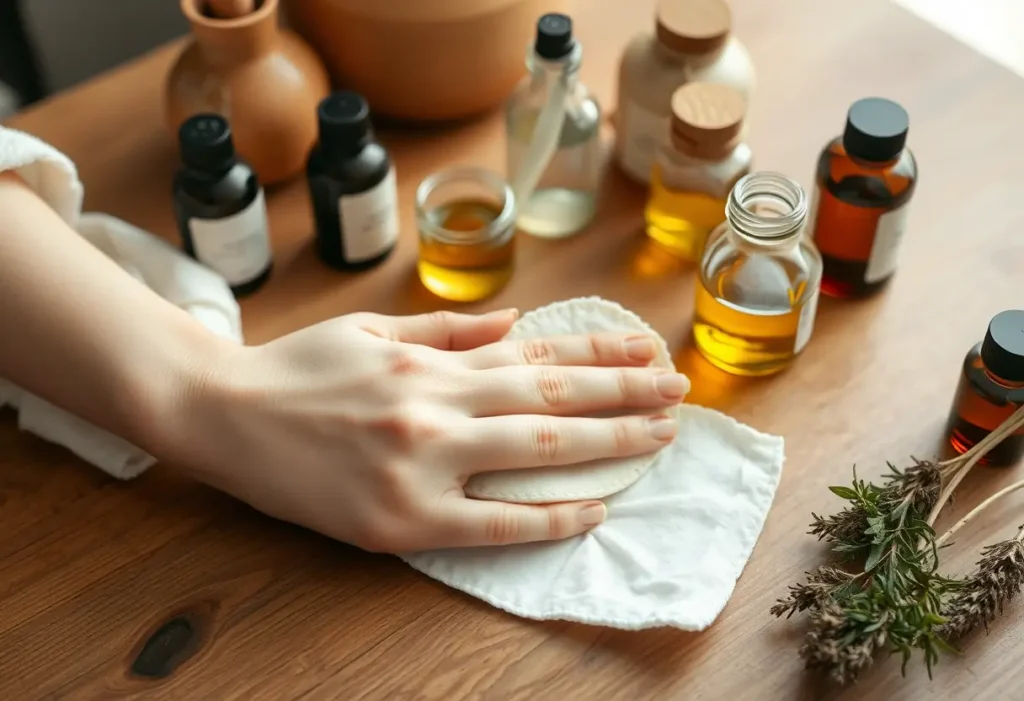 Une main posant délicatement un tampon en coton sur une table de bois, entourée de bocaux simples remplis d'huiles et d'herbes, symbole de confort et de guérison.