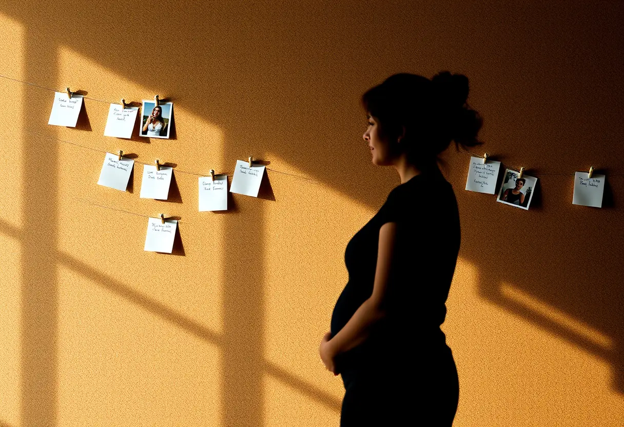 Un profil d'une femme debout contre un tableau en liège, orné de notes et de petites photos épinglées, représentant ses objectifs personnels et son progrès dans l'overcoming de la dyspareunie post-partum.