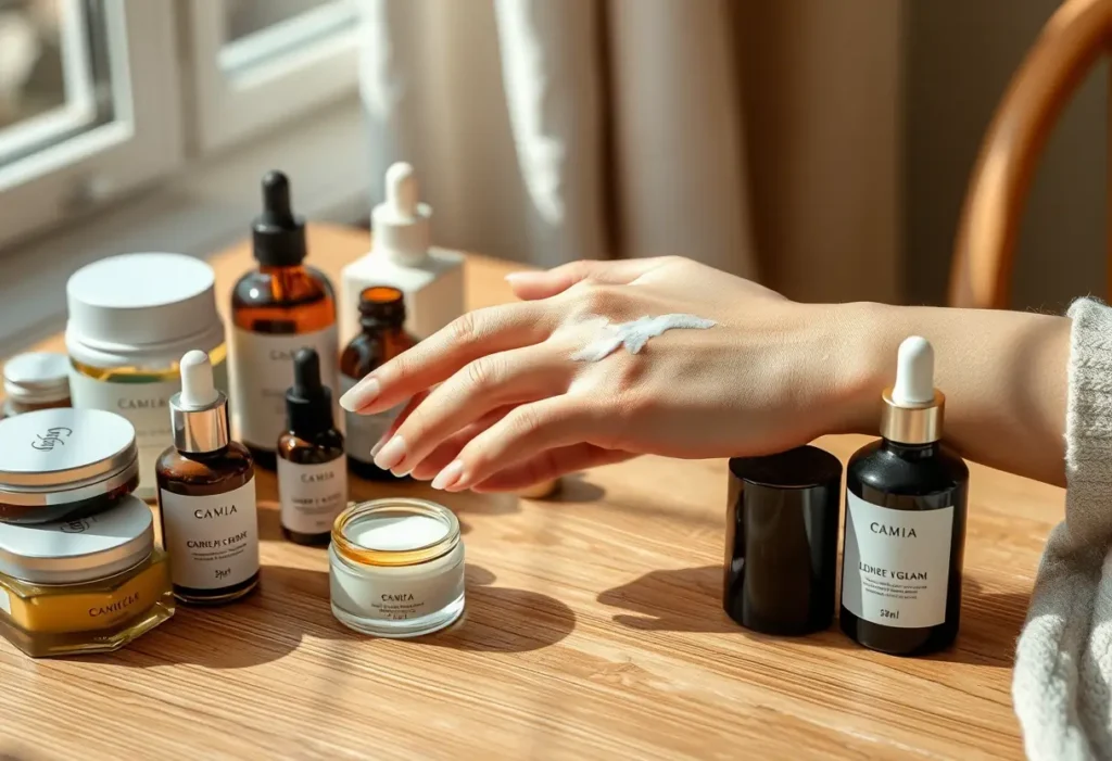 Main de femme appliquant une lotion sur une table avec des bocaux de soins de peau