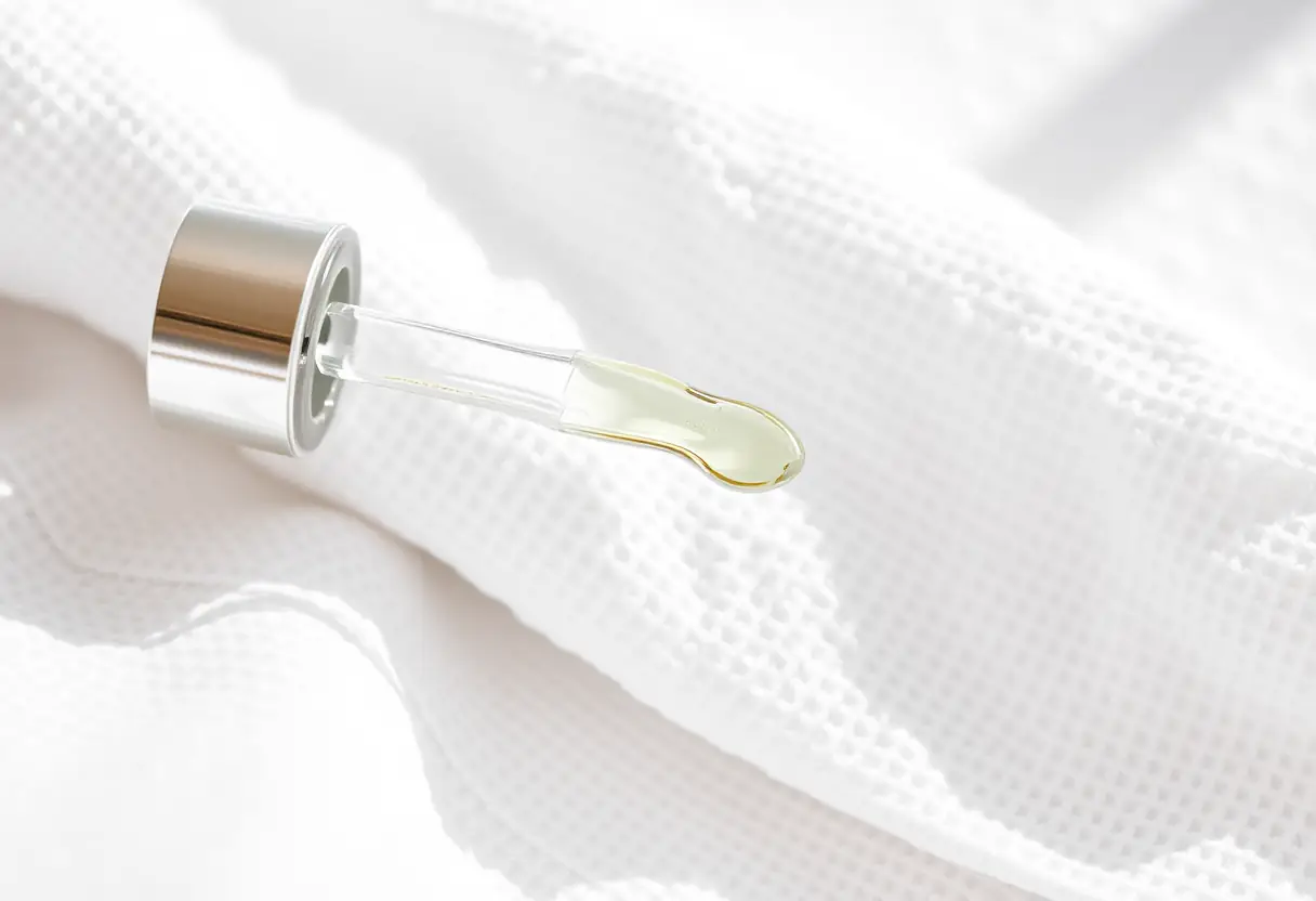 Flacon de sérum posé sur un linge blanc, illustrant la précision des soins de peau