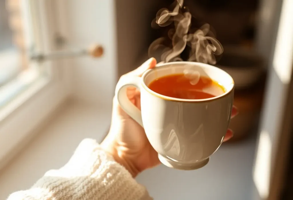 Une main tenant une tasse de thé chaud dans une lumière douce, apaisante