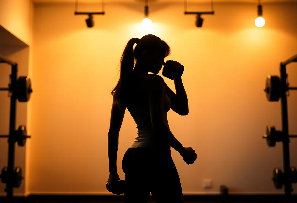 Une silhouette d'une femme dans un espace sportif intime, prête à s'entraîner avec des haltères