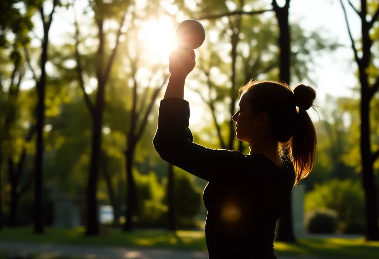 Silhouette d'une femme faisant des mouvements de balancier avec un kettlebell dans un parc