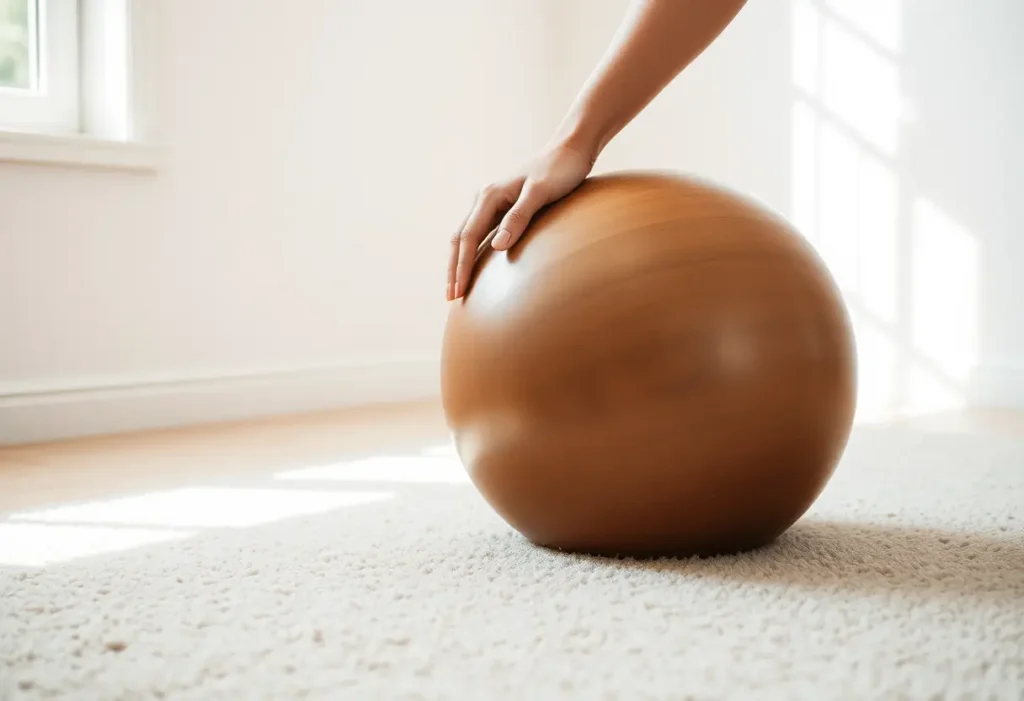 Main de femme tenant un ballon d'exercice en bois dans une salle de Pilates