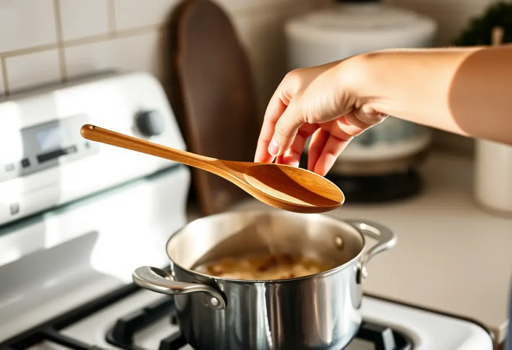 Une main tient une cuillère en bois au-dessus d'une casserole dans la cuisine, symbolisant la cuisine saine.