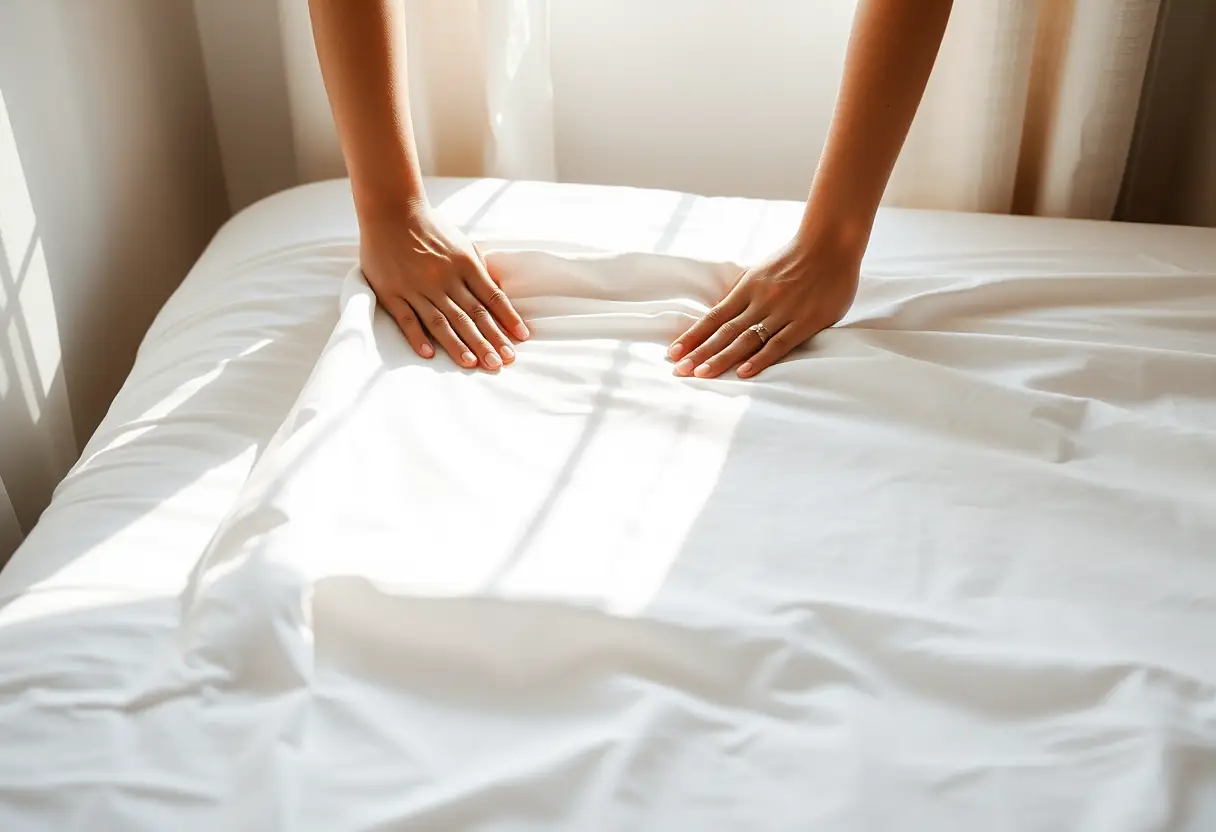 Des mains étendent une serviette en coton sur un lit, éclairées par la lumière du matin, symbolisant la routine quotidienne bienveillante.