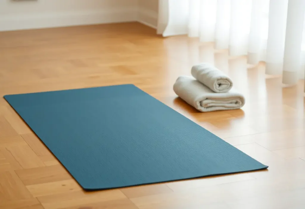 Un tapis de yoga posé sur le sol, avec des serviettes pliées à côté, dans une pièce éclairée naturellement.