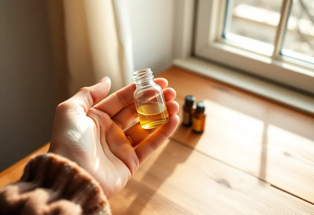 Une main féminine tenant un petit flacon en verre contenant des huiles essentielles, symbole de soins personnels