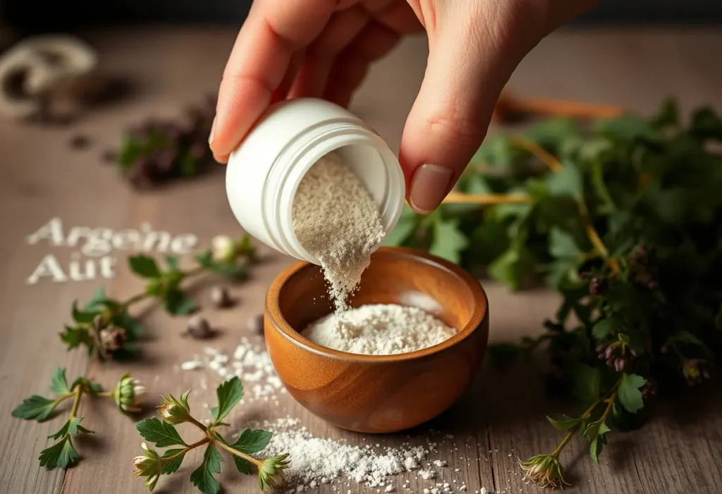 Une main verse une poudre fine depuis un pot en porcelaine blanche dans un bol en bois, entouré d'herbes fraîches