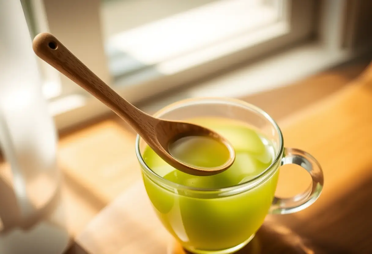 Cuillère en bois mélangeant une tasse d'extrait de thé vert, lumière douce