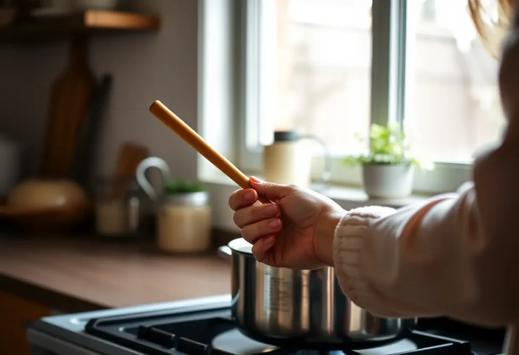Une main féminine tient une cuillère en bois dans une cuisine accueillante.