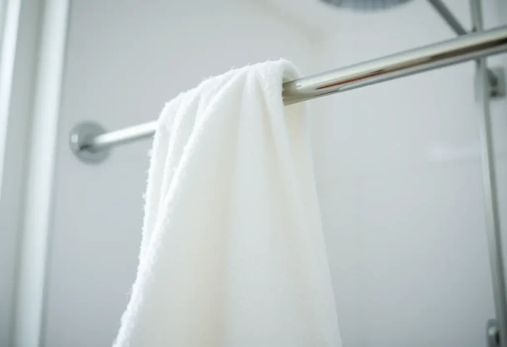 Un linge blanc posé sur une barre métallique dans une salle de bains, légère vapeur autour