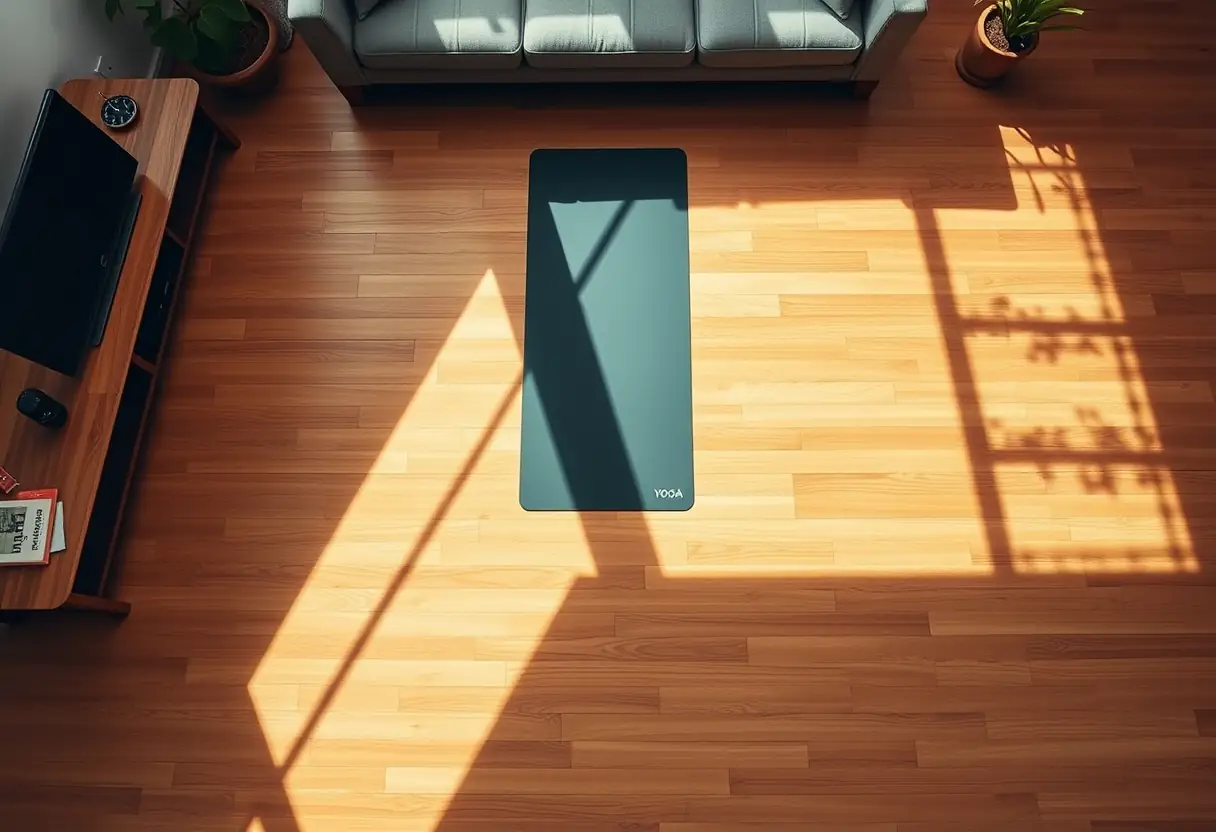 Un plancher en bois dans un salon, avec une natte de yoga au centre, éclairé par la lumière naturelle