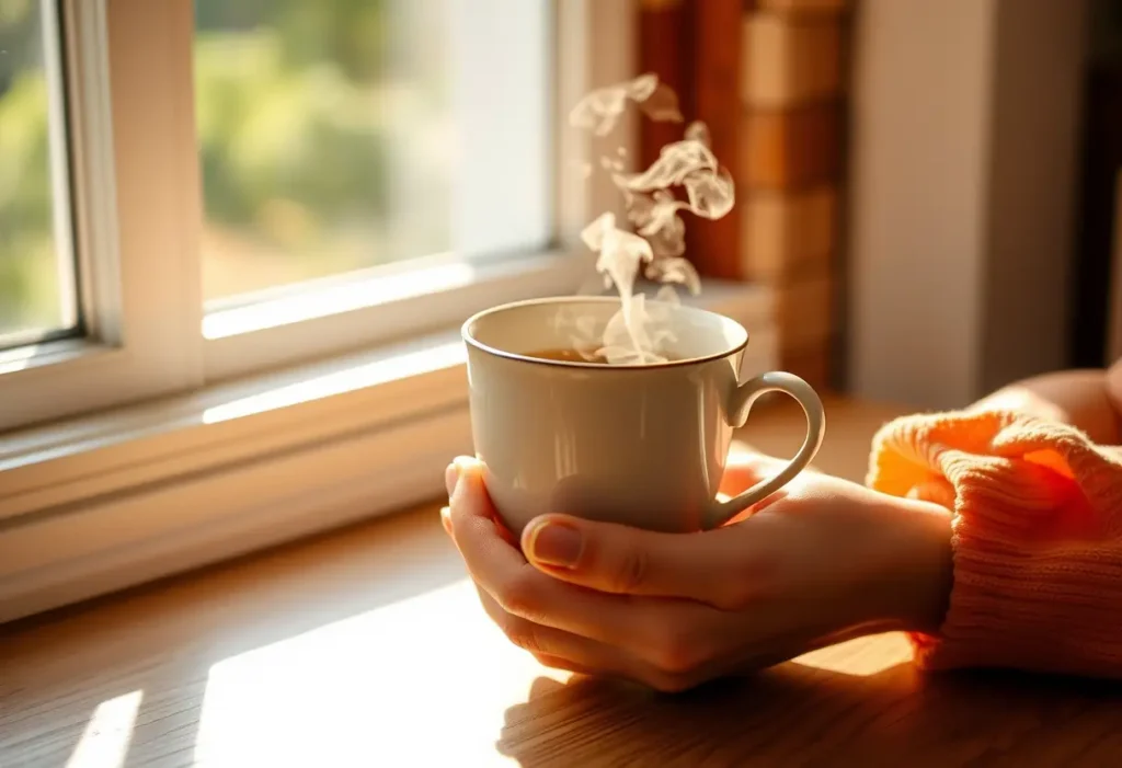 Une main tenant une tasse de thé chaud, apportant chaleur et confort.