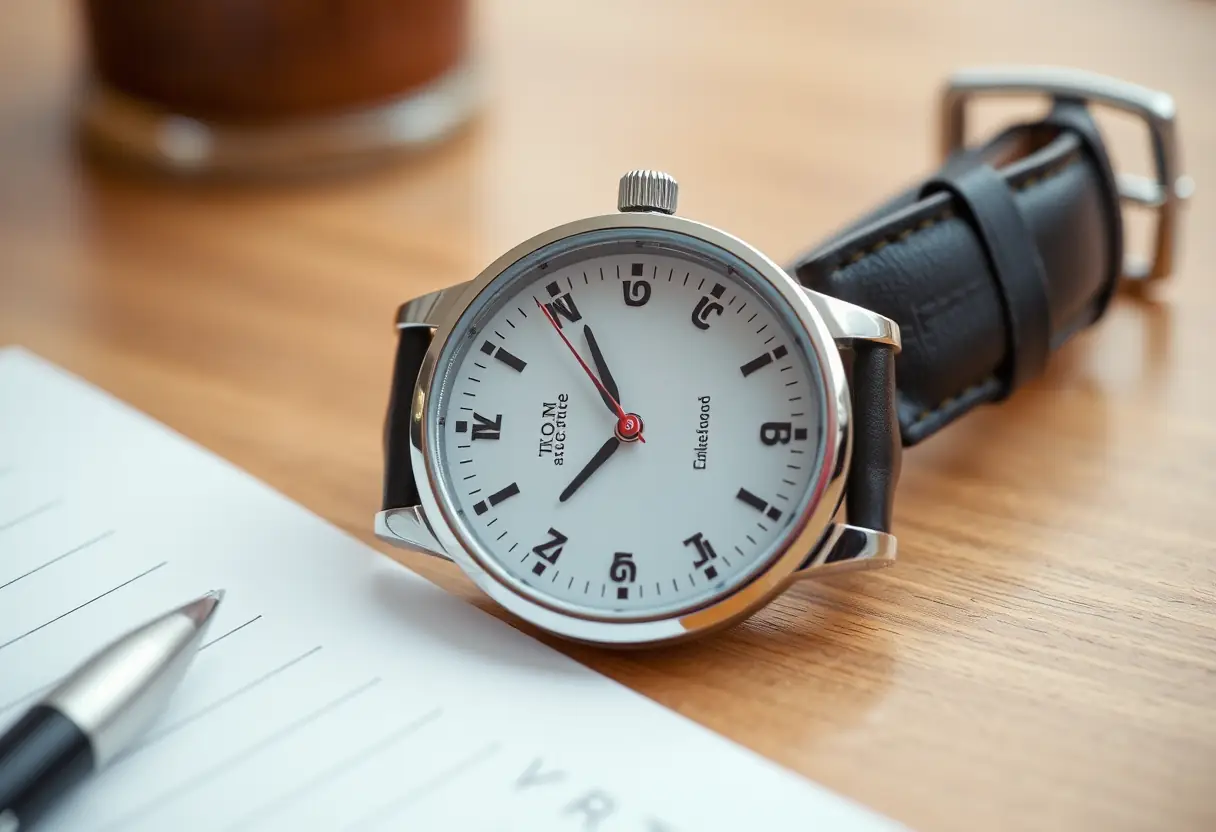 Un bracelet de montre posé sur un bureau en bois, représentant la pause et la réflexion.