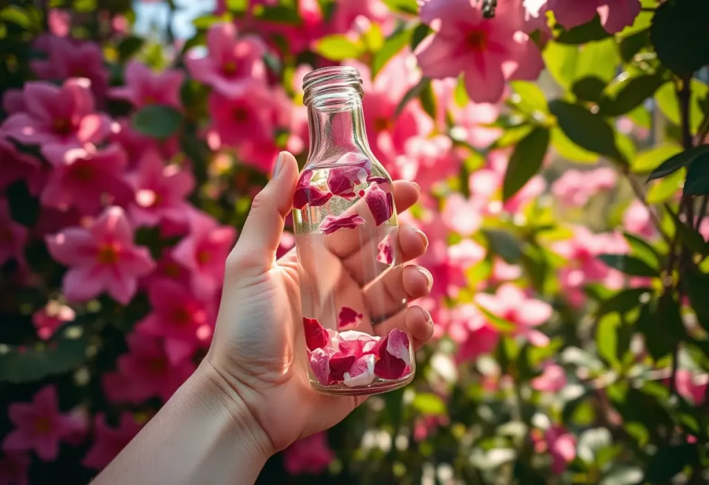 Une main tenant une petite bouteille avec des pétales de fleurs dans l'eau, entourée de fleurs en fleur, rappelant le bien-être naturel