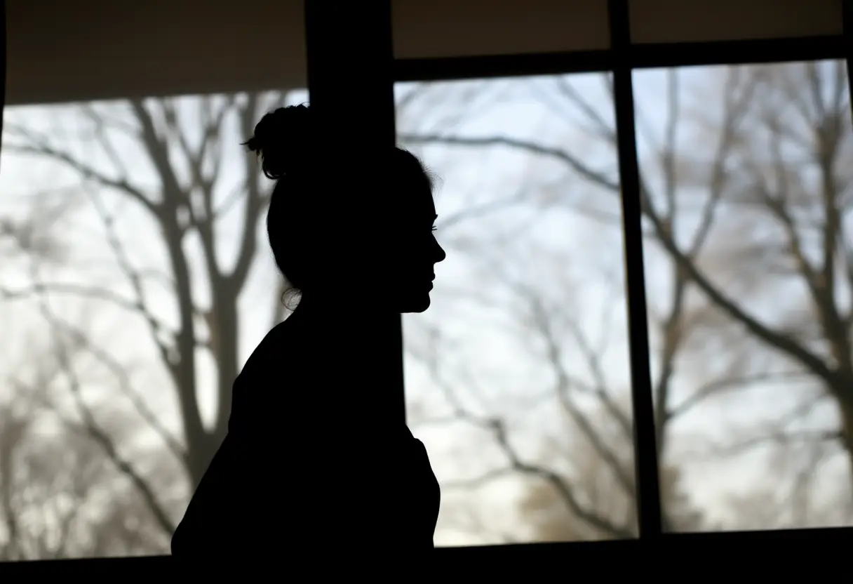La silhouette d'une femme devant une fenêtre, sa réflexion floutée par la vitre, avec en arrière-plan des arbres qui se balancent doucement, symbolisant la paix intérieure et l'acceptation