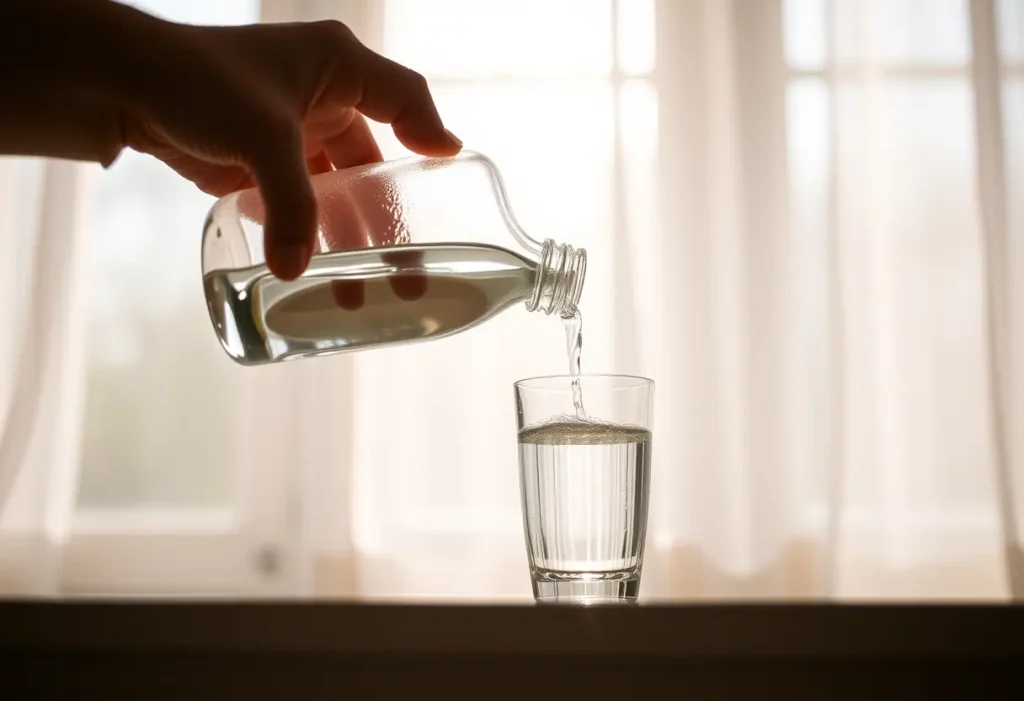 Une main verse un flacon dans un verre d'eau sous la lumière du soleil