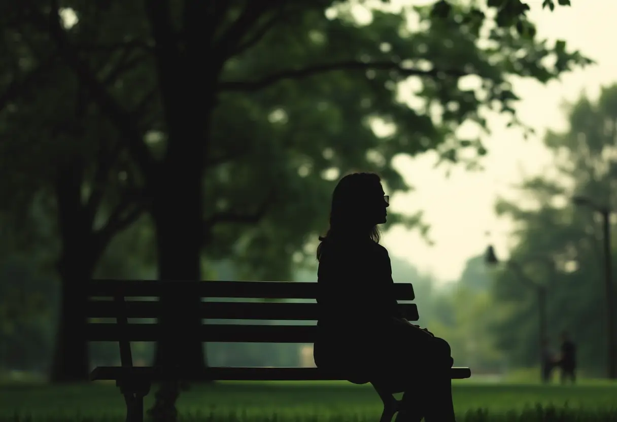 Une femme assise sur un banc de parc, baignée par une lumière tamisée