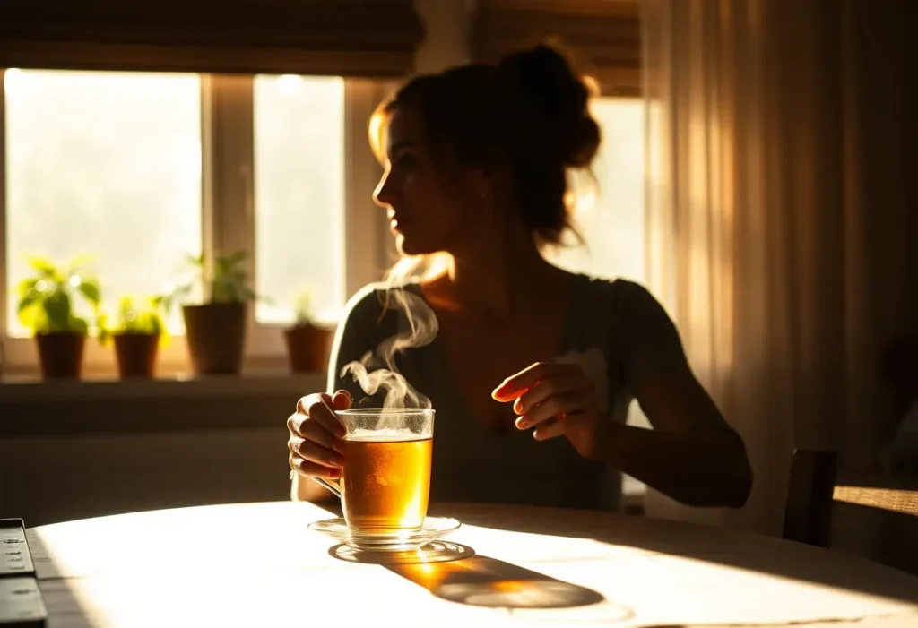 Un profil féminin assis à une table de repas, tenant une tasse de thé herbeux fumant, éclairé par une lumière douce qui illumine la disposition de la table et les plantes sur le rebord de la fenêtre