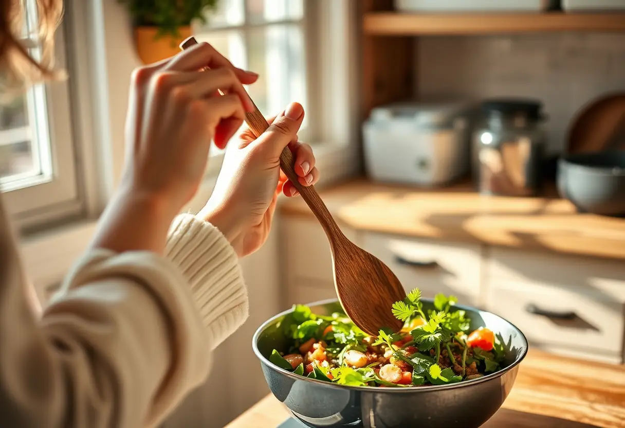 Une main tenant une cuillère en bois dans une cuisine accueillante, lumière naturelle