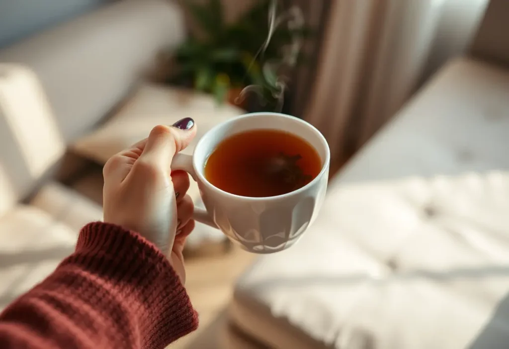 Une main tenant une tasse de thé aromatisé dans un salon accueillant, favorisant le bien-être et la sérénité