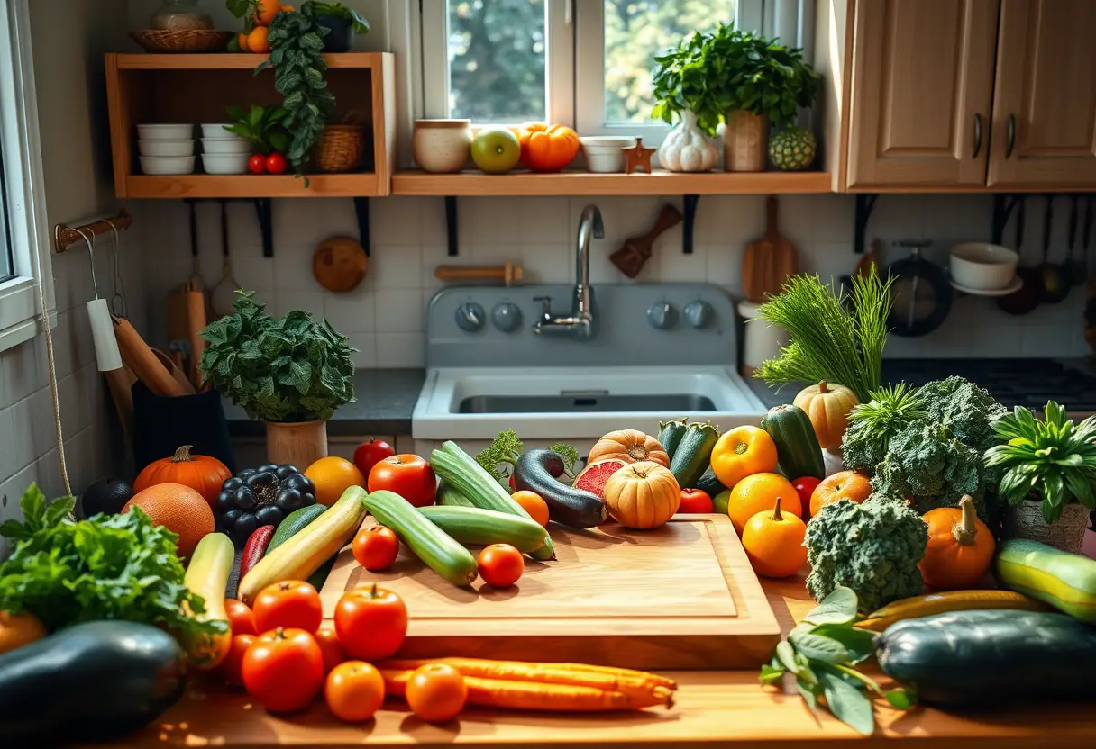 Un plan de travail de cuisine garni de fruits et légumes frais, mettant en valeur une alimentation saine et équilibrée