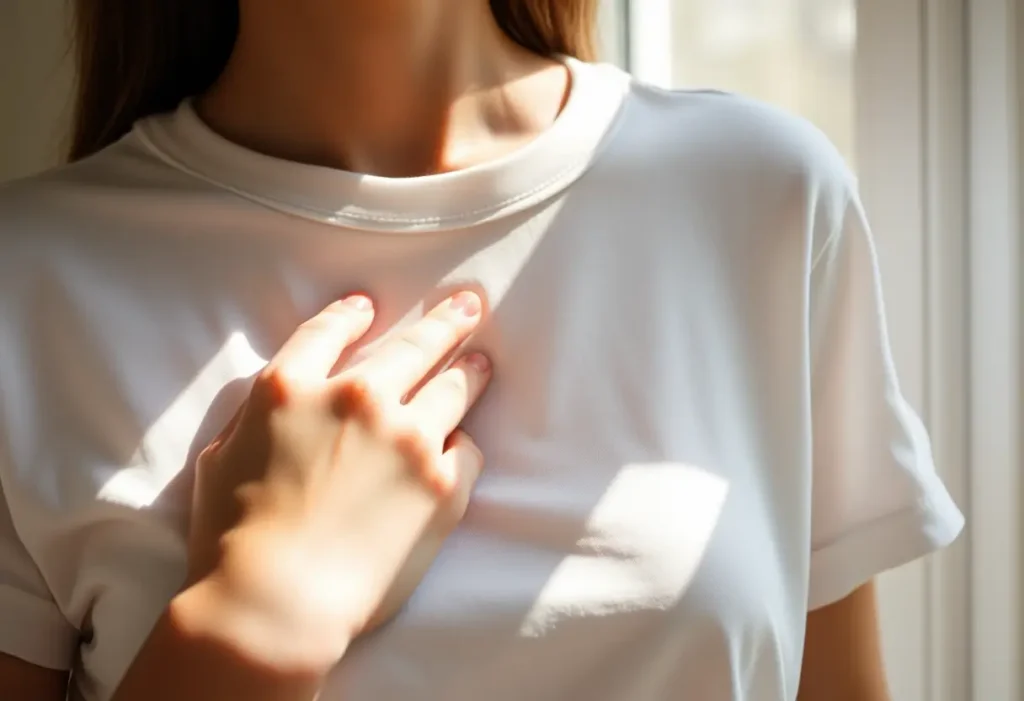 Une main féminine caresse doucement un tee-shirt en coton, lumière naturelle