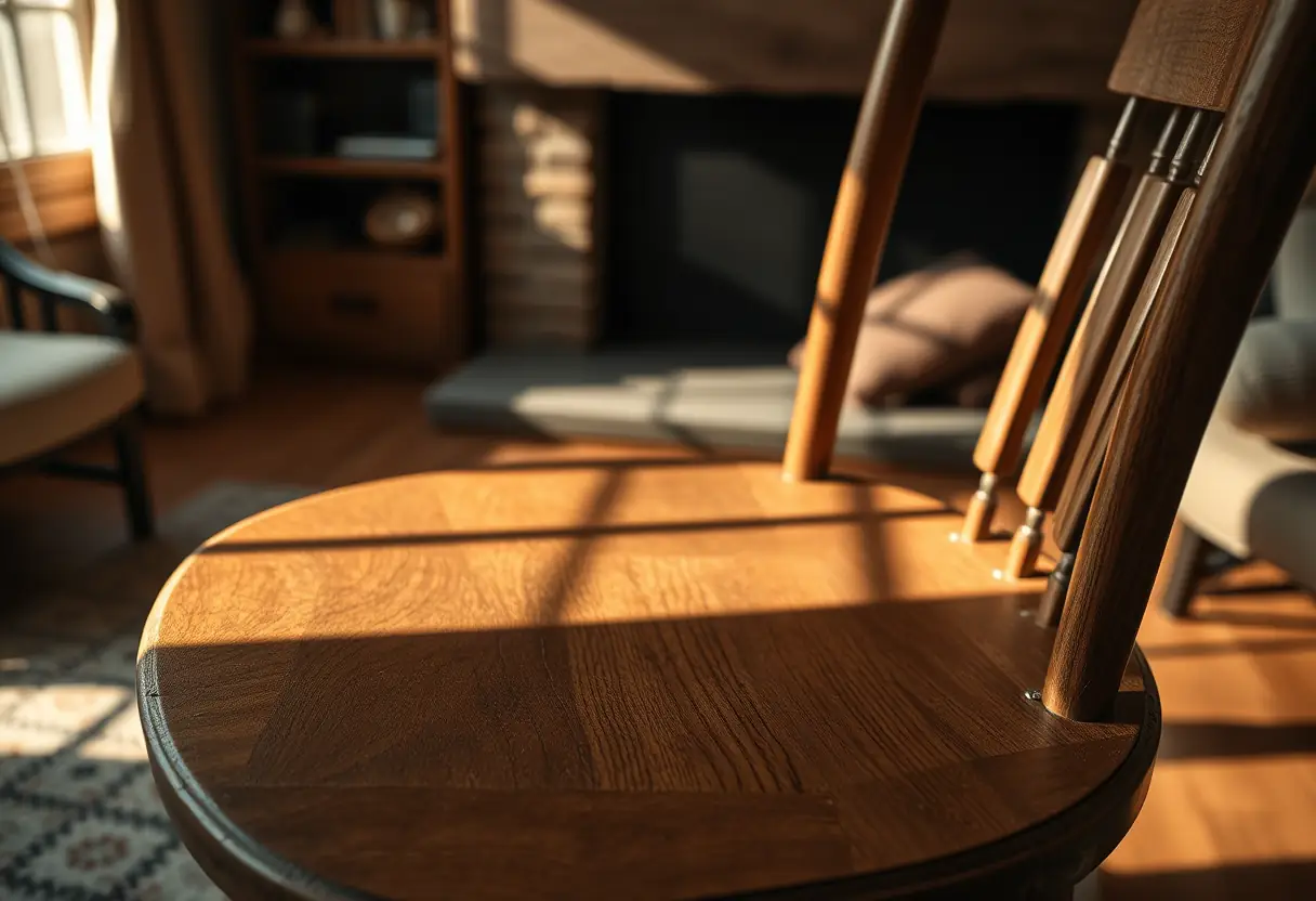 Un fauteuil en bois dans une pièce accueillante, lumière chaude qui souligne la patine de l'assise
