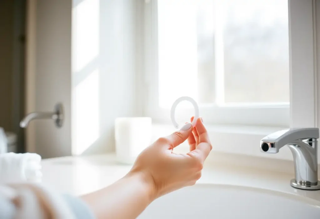 Une main posant délicatement un petit objet en plastique avec des finitions en silicone doux sur un meuble de salle de bains