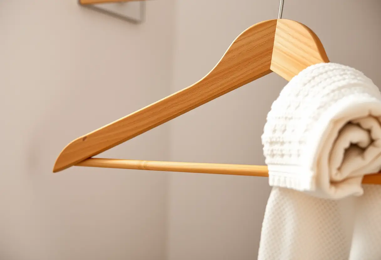 Un cintreuse en bois dans un placard, à côté d’une serviette pliée avec soin, symbolisant le confort et les routines de soins personnels