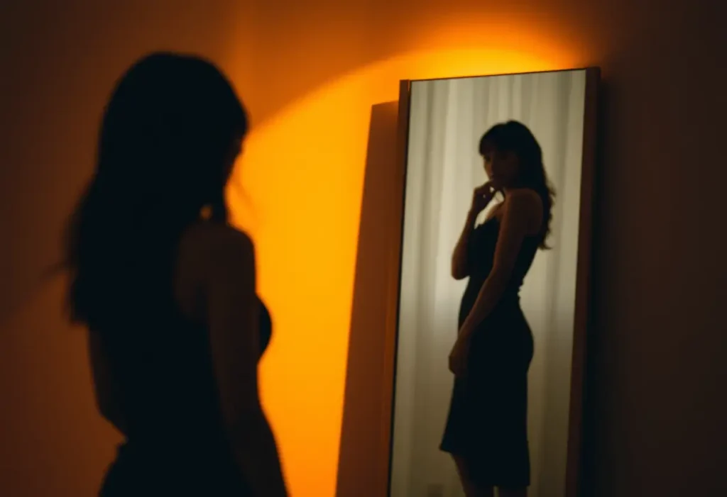 Silhouette d'une femme devant un miroir, examinant son soutien-gorge pour s'assurer qu'il convient