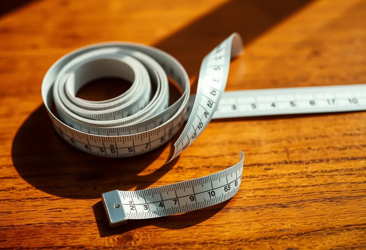 Un mètre ruban sur une table boisée, éclairé naturellement, utile pour mesurer sa taille de soutien-gorge