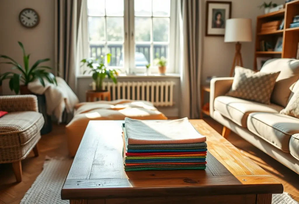 Un salon accueillant, où des échantillons de tissus colorés sont posés sur une table basse en bois