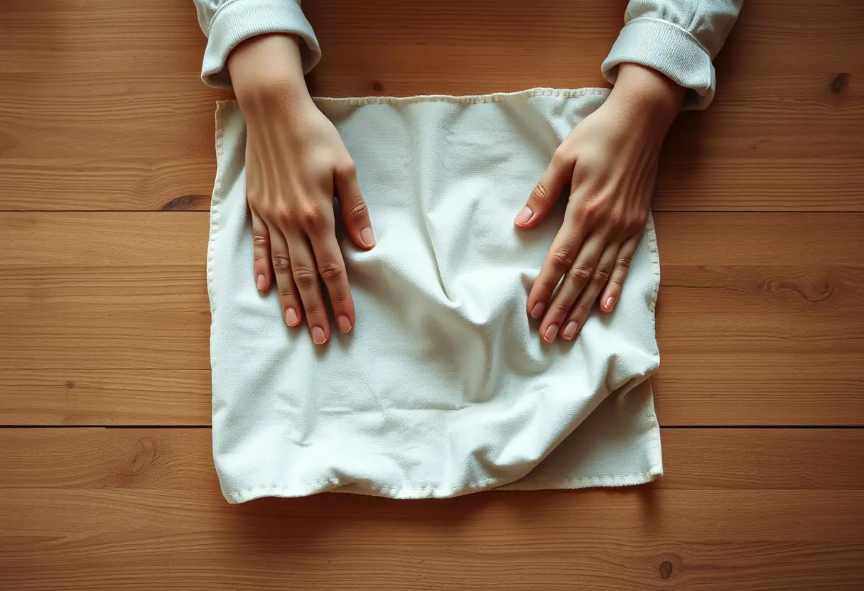 Des mains lissant un morceau de tissu sur une table en bois