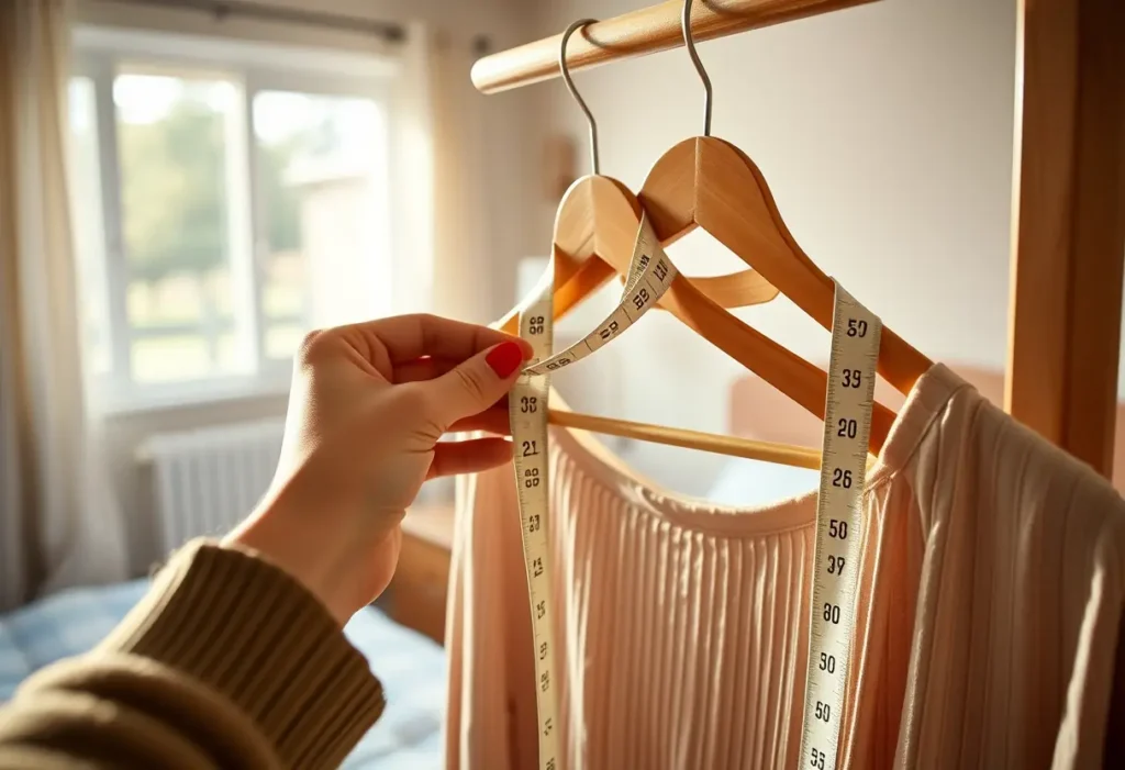 Une main féminine tenant un ruban à mesurer doux autour d'un cintre en bois dans une chambre accueillante, lumière naturelle