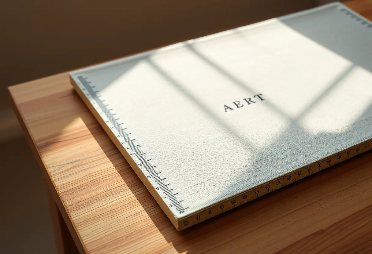 Un plan rapproché d'une planche à mesurer recouverte de tissu posée sur une table en bois, la lumière du soleil met en valeur la texture du tissu