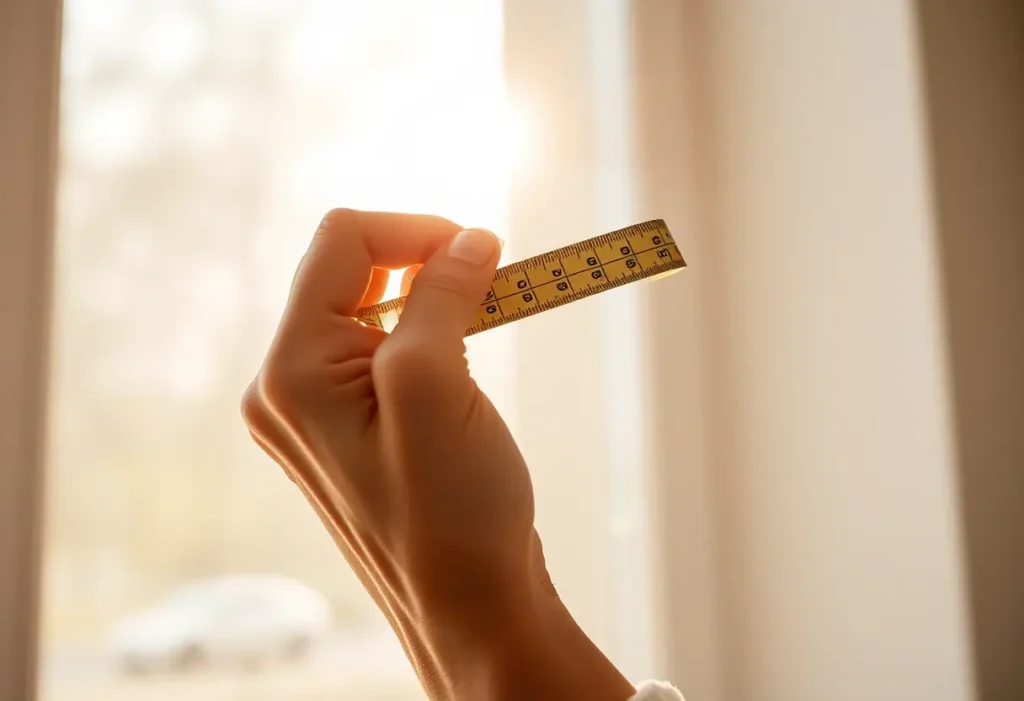 Main de femme tenant une règle de mesure, lumière naturelle
